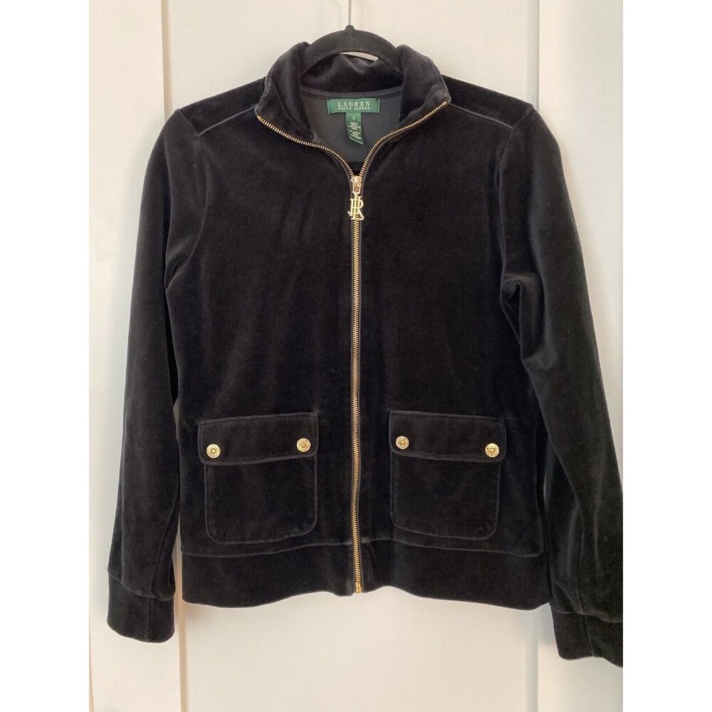 Ralph Lauren Jacket Women’s Small Track Velour Black Gold Zipper Vintage